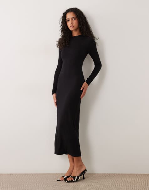 AFRM Juniper strikket crepe-kjole med mock neck, lange ærmer og midi-længde i sort - view 1