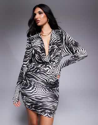 AFRM kaia cowl neck mini dress in shiny knit in zebra swirl-Multi φωτογραφία