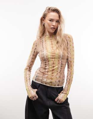 AFRM - Kaylee - Langärmliges Netzstoff-Oberteil mit Rundhalsausschnitt und farblich abgestimmtem Punktemuster-Grün