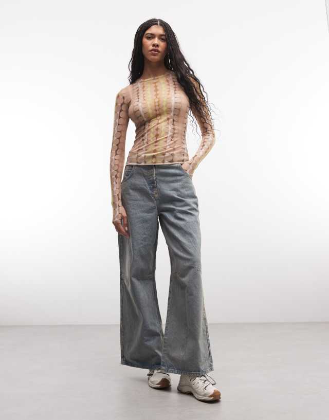 AFRM Kaylee long sleeve crew neck mesh top in beige tonal dot | ASOS