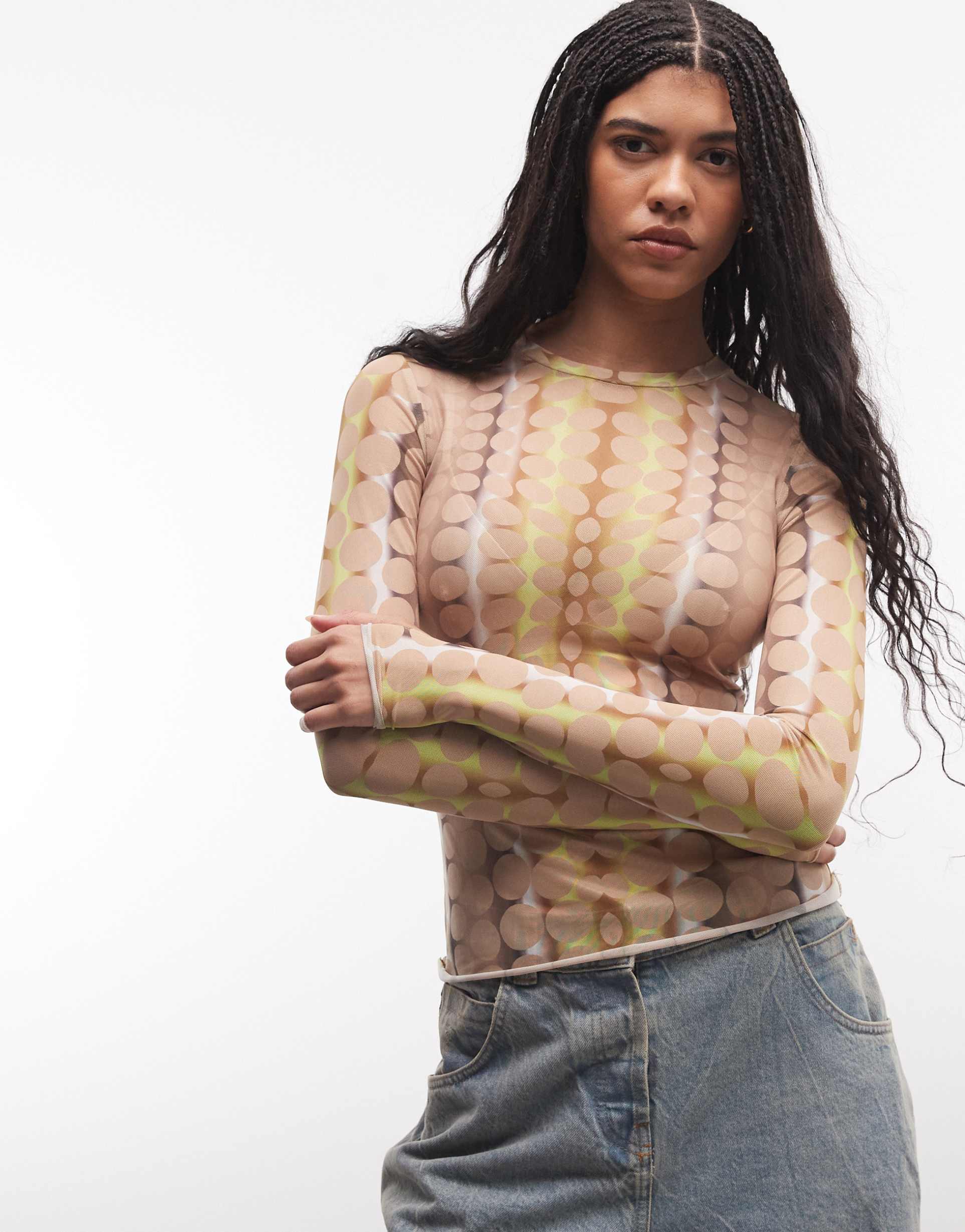 afrm kaylee long sleeve crew neck mesh top in tonal dot