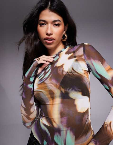 AFRM Kaylee long sleeve mesh top in brown feather swirl - view 1