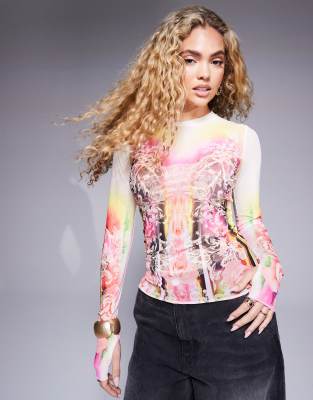 kaylee long sleeve mesh top in grunge lace print-Multi