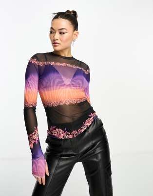 Afrm Kaylee Long Sleeve Mesh Top With Floral And Zebra Print-multi