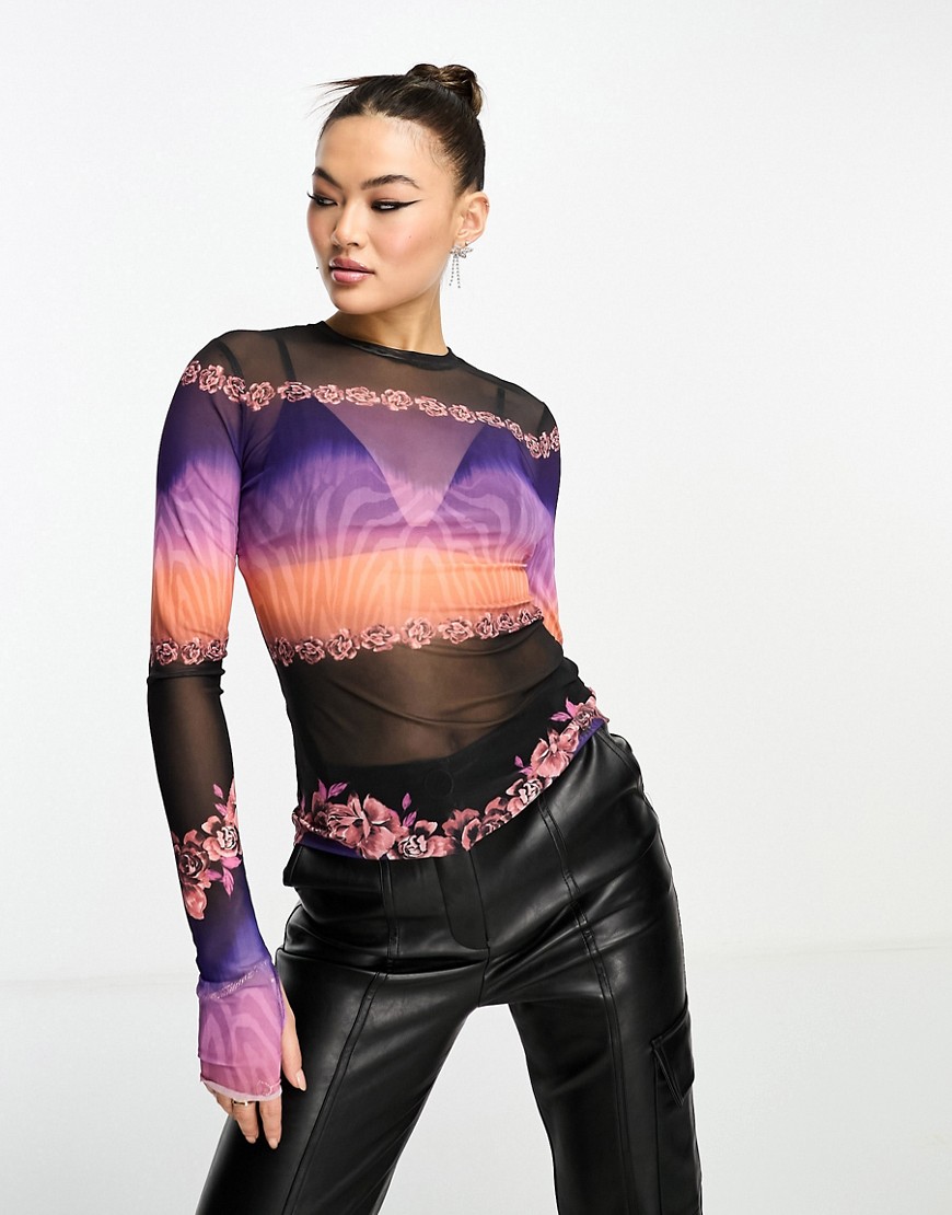 AFRM kaylee long sleeve mesh top with floral and zebra print-Multi