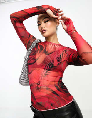 AFRM AFRM kaylee long sleeve mesh top with rose print-Red