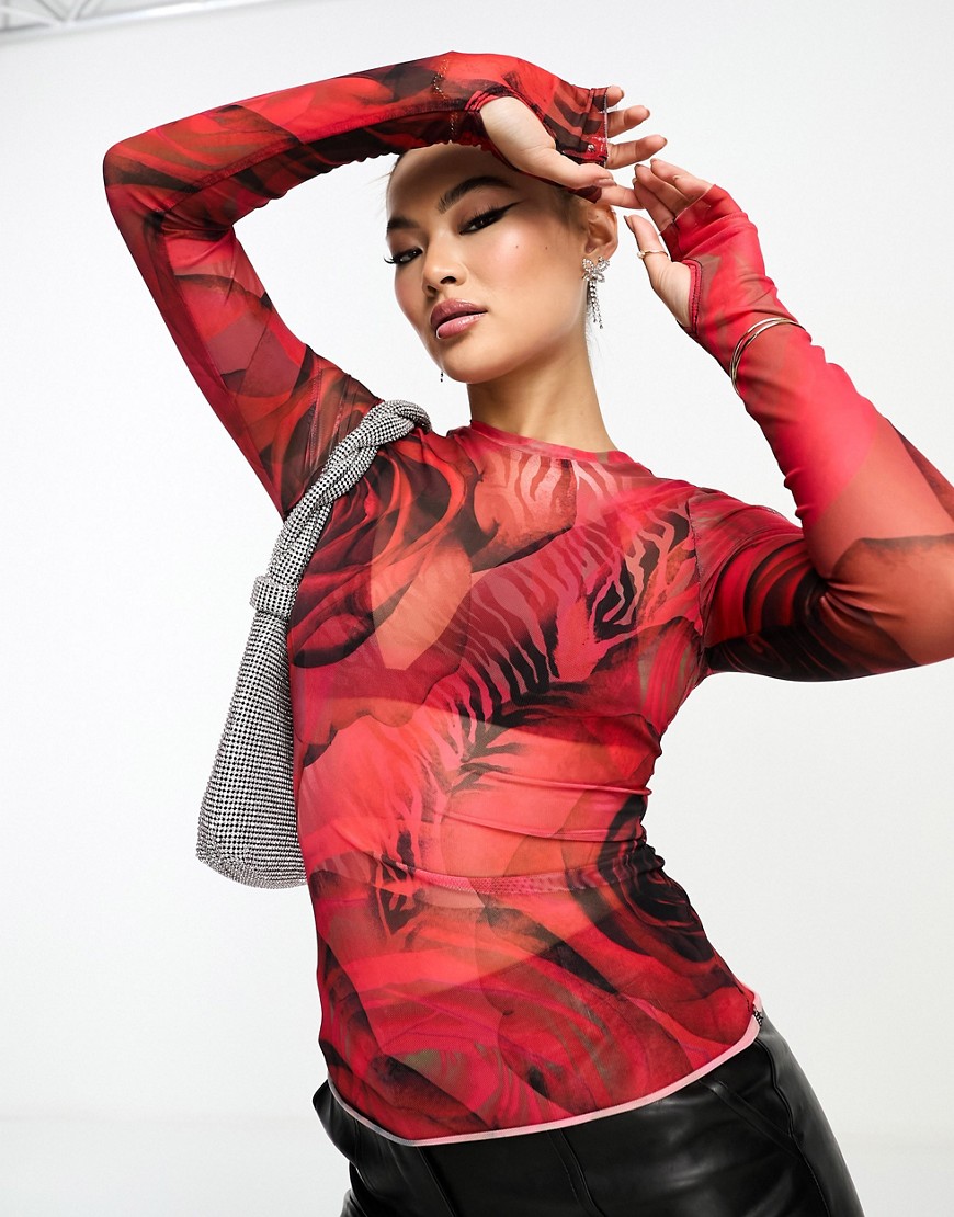 AFRM kaylee long sleeve mesh top with rose print-Red