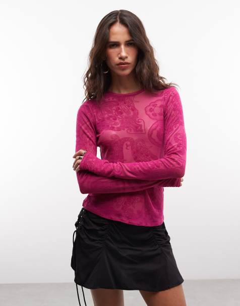 AFRM Kaylee mesh crew neck long sleeve tee in fuchsia paisley print - view 1