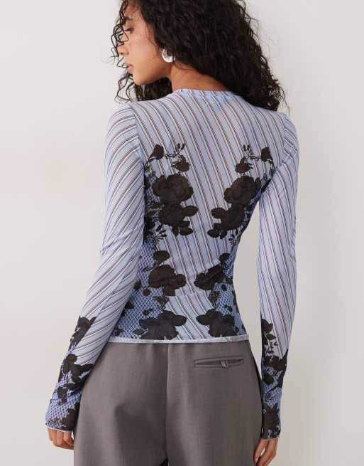 AFRM Kaylee mesh crew neck long sleeve top in blue rose print, 3 of 4