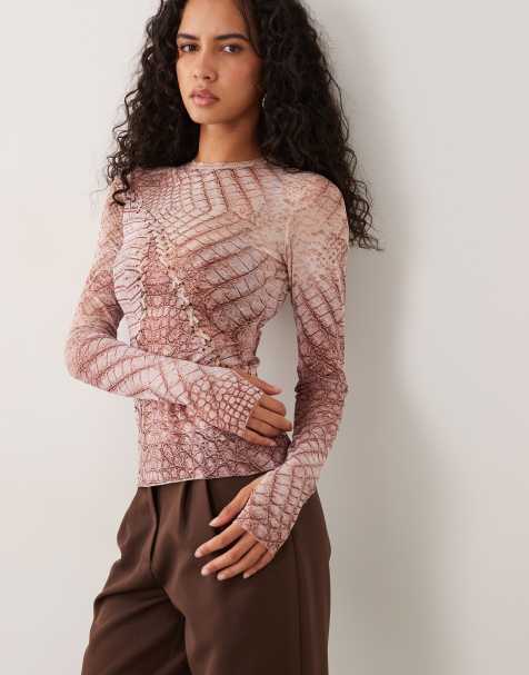 AFRM Kaylee mesh crew neck long sleeve top in brown crocodile print - view 1