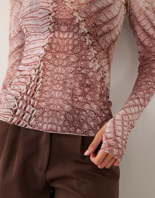 AFRM Kaylee mesh crew neck long sleeve top in brown crocodile print, 3 of 4