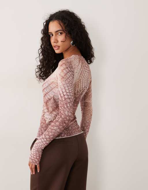 AFRM Kaylee mesh crew neck long sleeve top in brown crocodile print, 4 of 4