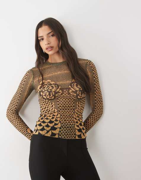 AFRM Kaylee mesh crew neck long sleeve top in gilded floral print