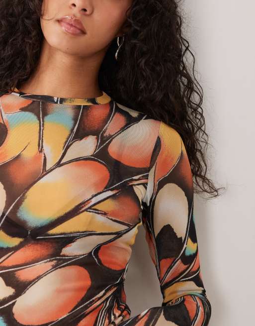 AFRM Kaylee mesh crewneck long sleeve top in butterfly print, 2 of 4