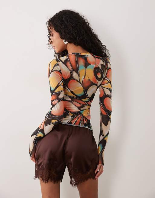 AFRM Kaylee mesh crewneck long sleeve top in butterfly print, 4 of 4