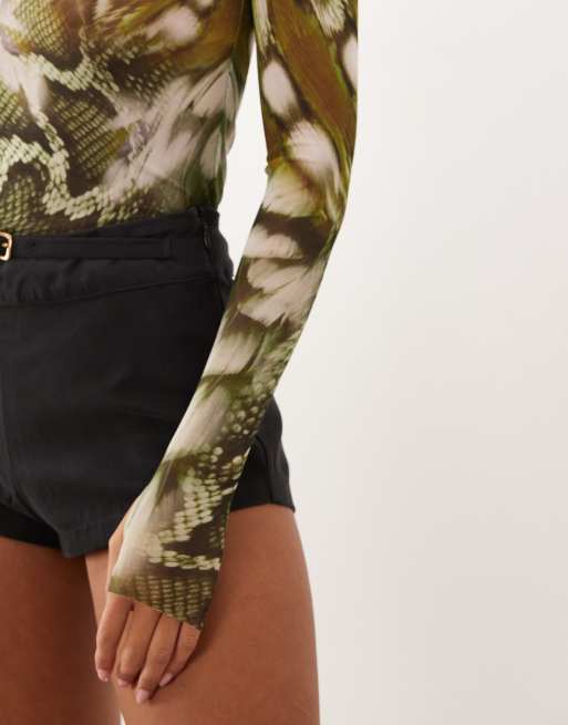 AFRM Kaylee mesh crewneck long sleeve top in dark green snake print, 4 of 4