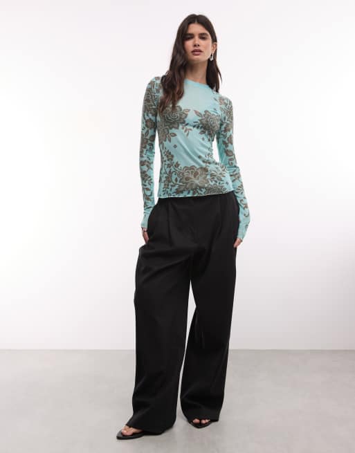AFRM Kaylee mesh crewneck long sleeve top in turquoise floral print, 2 of 4