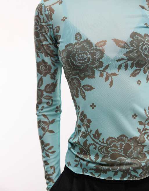 AFRM Kaylee mesh crewneck long sleeve top in turquoise floral print, 3 of 4
