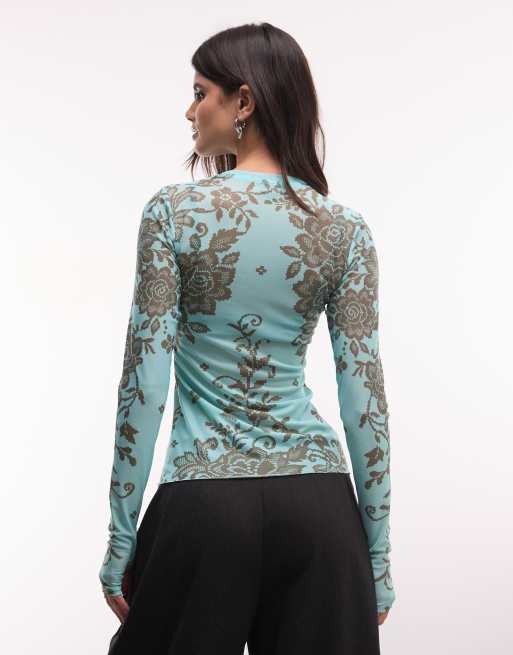 AFRM Kaylee mesh crewneck long sleeve top in turquoise floral print, 4 of 4