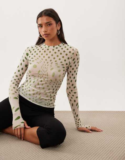 AFRM Kaylee mesh crewneck long sleeve top in white and olive polka dot - view 1