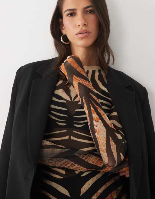 AFRM Kaylee Mesh-Oberteil mit Rundhalsausschnitt und langen Ärmeln im abstrakten Animal-Print, 2 von 4