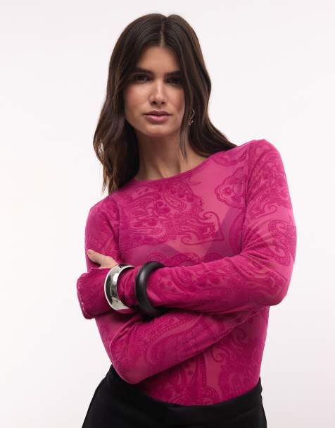 AFRM Kaylee Mesh-Shirt mit Rundhalsausschnitt und langen Ärmeln in Fuchsia mit Paisley-Print - view 1
