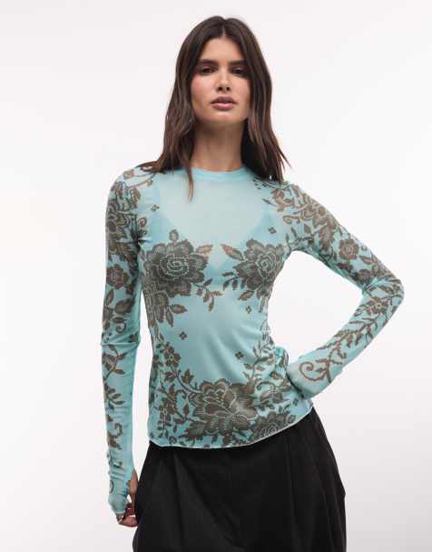AFRM Kaylee top a maniche lunghe con girocollo in rete con stampa floreale turchese - view 1