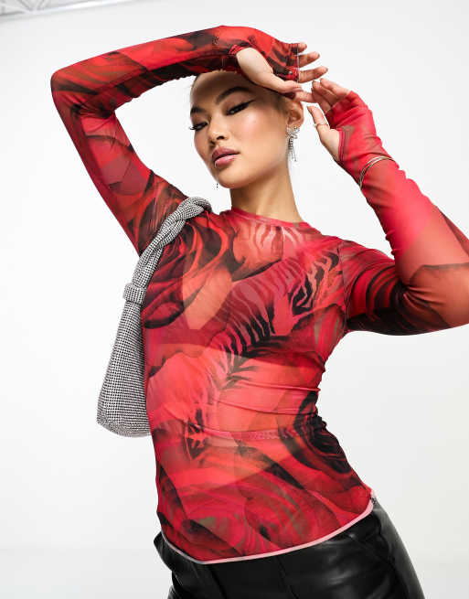 AFRM - Kaylee - Top a maniche lunghe in rete con stampa di rose