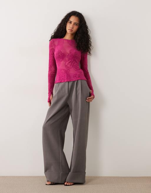 AFRM Kaylee velvet flocked mesh crew neck long sleeve tee in fuchsia paisley print, 2 of 4