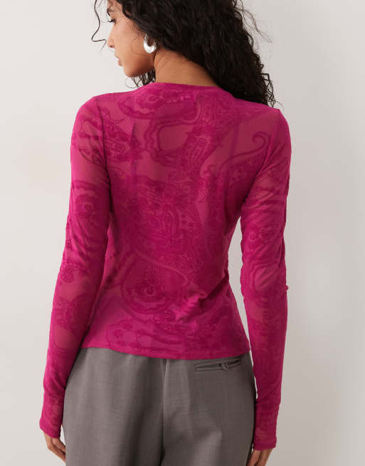 AFRM Kaylee velvet flocked mesh crew neck long sleeve tee in fuchsia paisley print, 4 of 4