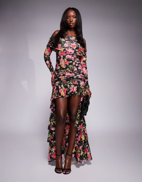AFRM Kellie off the shoulder maxi dress with train detail in wallpaper rose print - view 1