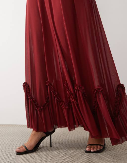 AFRM Kiva mesh with bodysuit lining open back ruffle hem detail maxi dress in burgundy, 2 of 4
