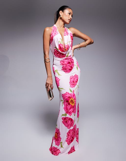 AFRM knit cowl halter neck maxi dress in pink floral, 2 of 4
