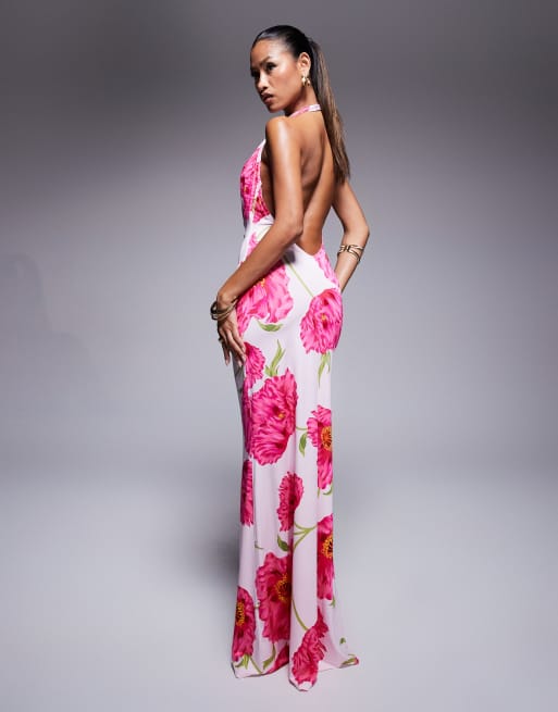 AFRM knit cowl halter neck maxi dress in pink floral, 3 of 4