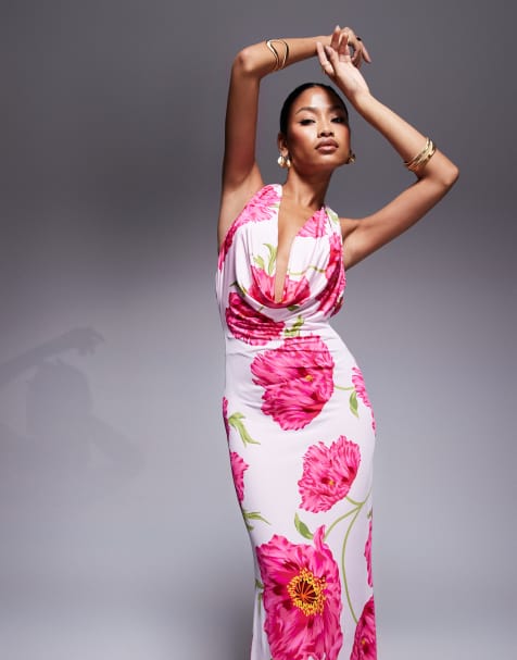AFRM knit cowl neck halter neck maxi dress in pink floral - view 1