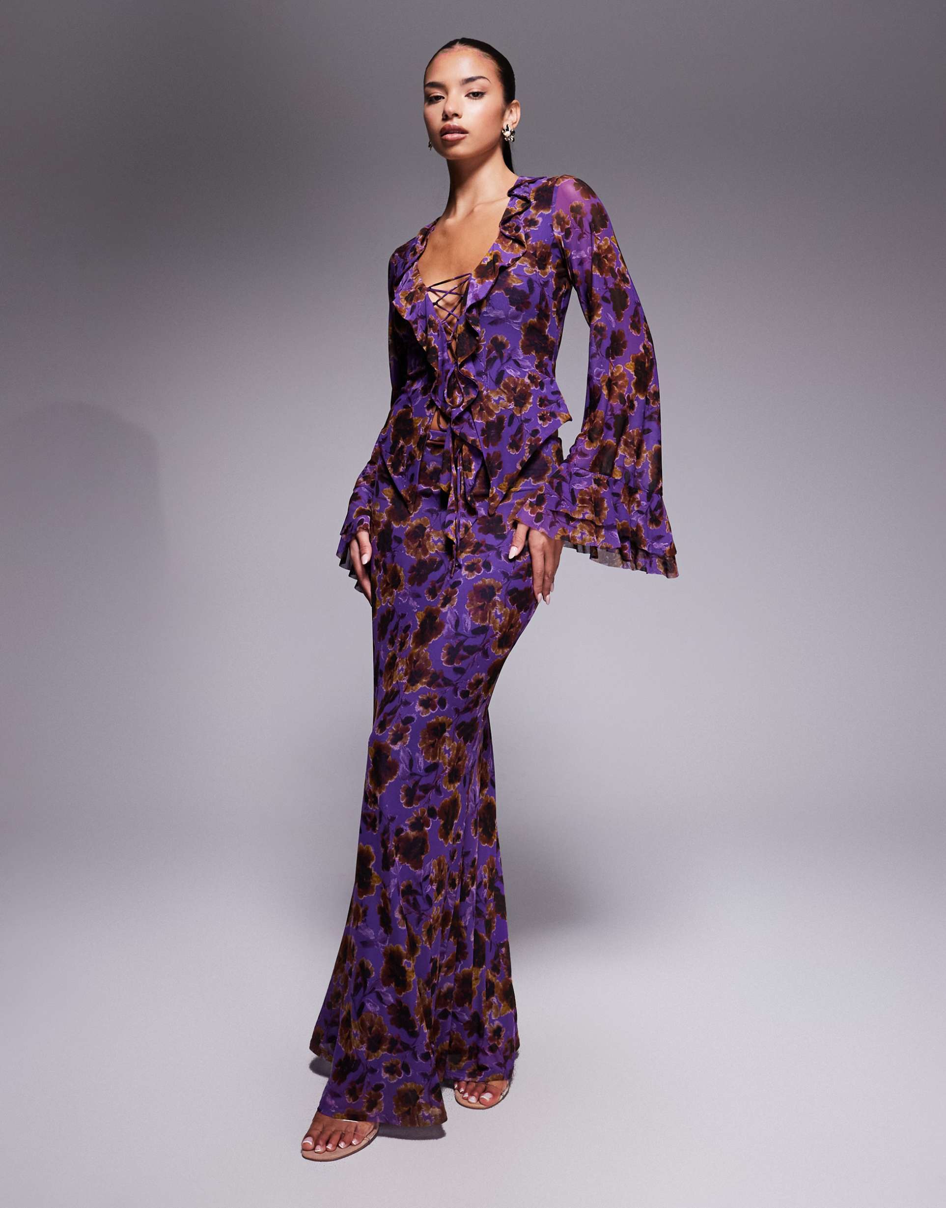 afrm knit fishtail maxi skirt in purple floral - part of a set