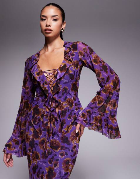 AFRM knitted lace up bell sleeve top co-ord in purple floral