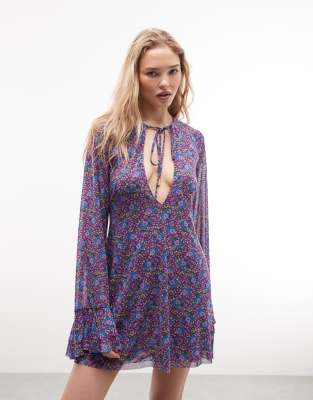 AFRM - Kori - Langärmliges Minikleid mit Rüschen und Retro-Blümchenmuster-Lila