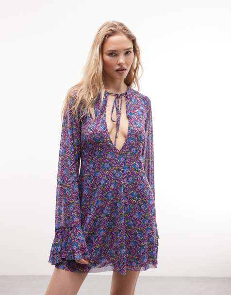 AFRM Kori long sleeve ruffle mini dress in retro ditsy - view 1