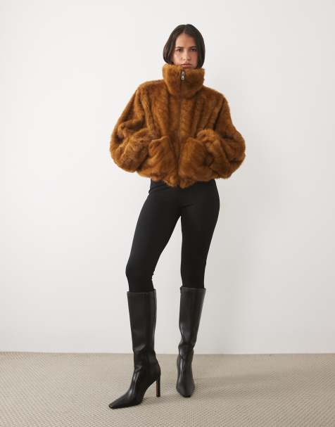 AFRM Kyoto chevron faux fur funnel neck bubble hem bomber in brown - view 1