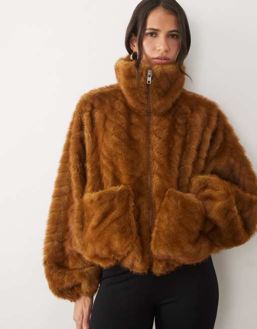 AFRM Kyoto chevron faux fur funnel neck bubble hem bomber in brown, 2 of 4