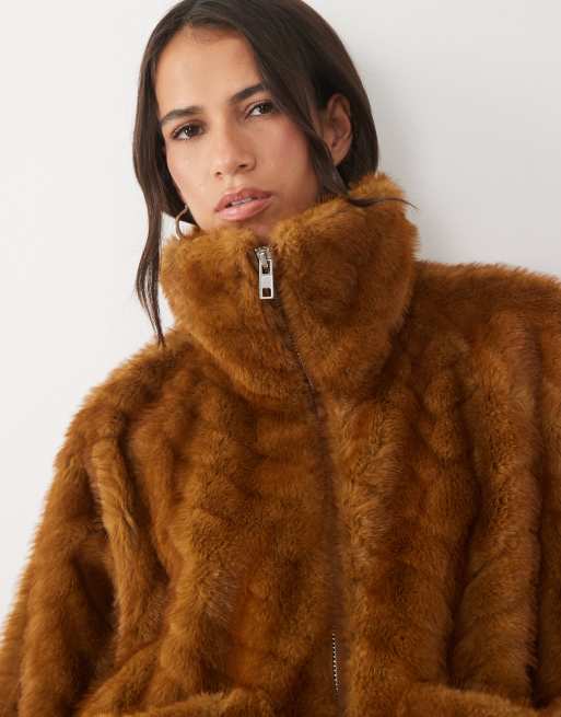 AFRM Kyoto chevron faux fur funnel neck bubble hem bomber in brown, 3 of 4