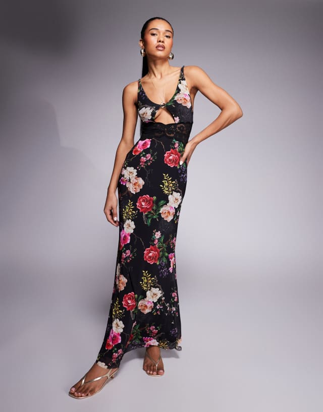 AFRM lace cut out maxi dress in black summer rose print | ASOS