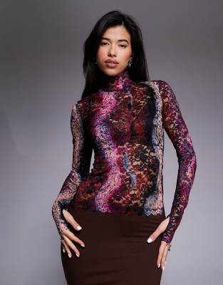 Afrm Lace Mesh High Neck Long Sleeve Thumbhole Top In Purple