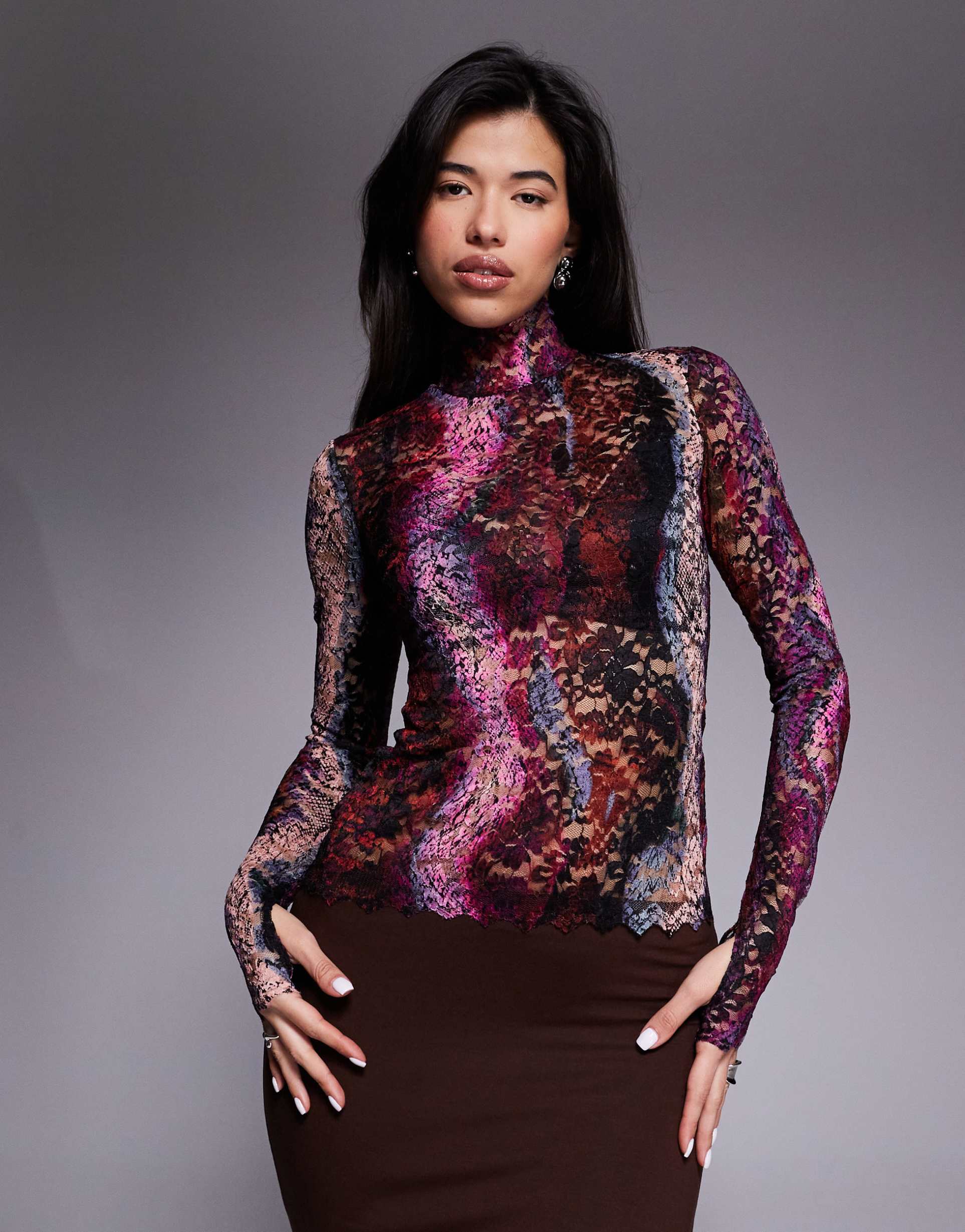 afrm lace mesh high neck long sleeve thumbhole top in ombré snake