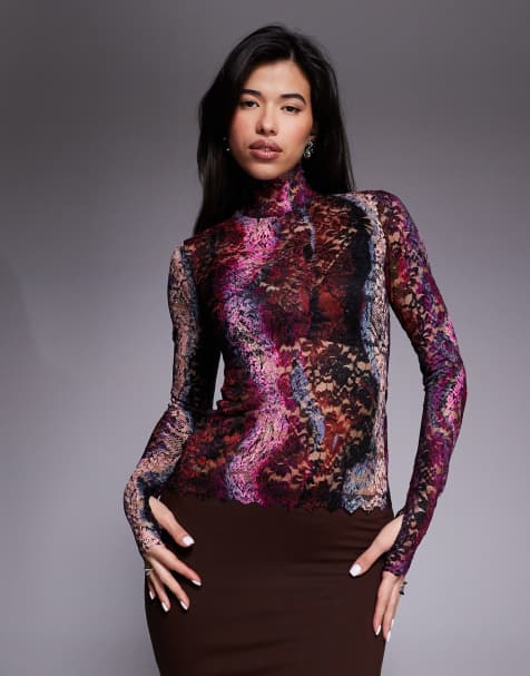 AFRM lace mesh high neck long sleeve thumbhole top in ombre snake