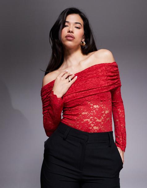 AFRM lace off the shoulder long sleeve bodysuit in poppy red - view 1