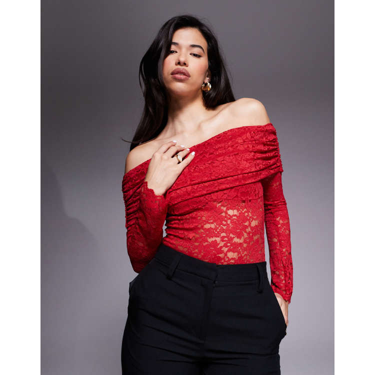 AFRM lace off the shoulder long sleeve bodysuit in poppy red | ASOS