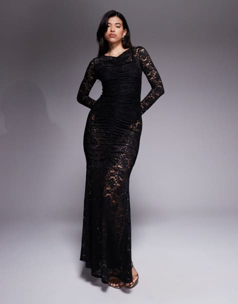 AFRM lace ruched long sleeve maxi dress with bodysuit in black - view 1