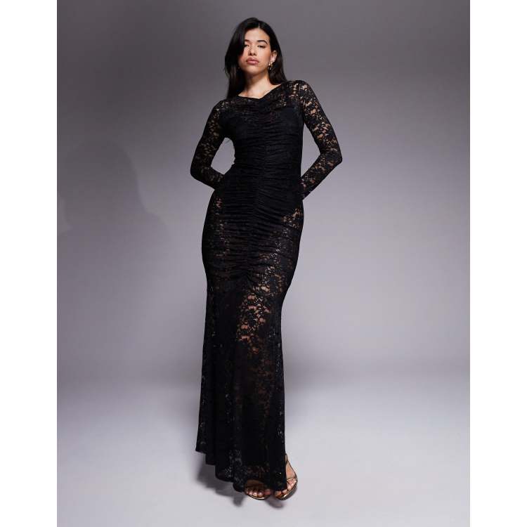 chinese dress ladies Black Bodycon Dress Long Sleeve Mesh Lace